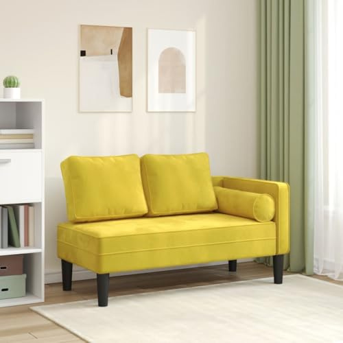 Teenpull Chaiselongue mit Kissen Gelb Samt Polsterliege für Wohnzimmer mit Rückenlehne und Armlehne kompakt aus Holz Polsterung, Relaxliege für Schlafzimmer und Wintergarten zum Entspannen