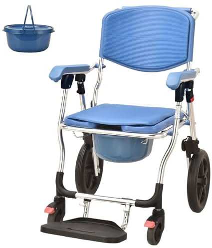SULQING Duschsitz mit Rädern für Senioren 150 kg, Duschrollstuhl Commode, Duschstuhl Faltbare Multifunktion auf Rädern mit Bremsen und Armländern, Werkzeugfreiheit