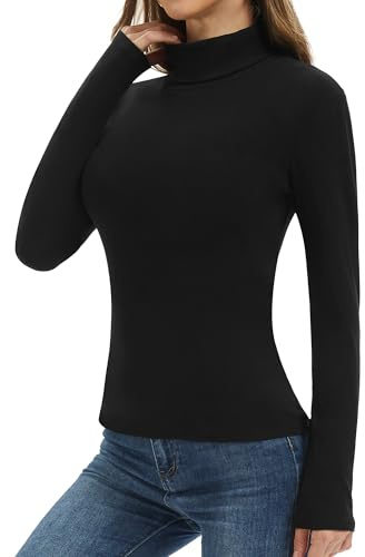 DDOBB Thermal Turtle Neck Tops for Women Fleece Lined Long Sleeve Polo Roll Neck Jumpers for Skiing Snowboarding Hiking Black