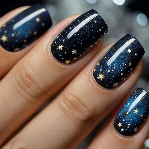 24Pcs Short Square Press on Nails - Blue Sky Glitter French Tips, Reusable Glossy Full Cover Fake Nails for Women, Stick-On Made of Premium ABS with Jelly Adhesive Tabs