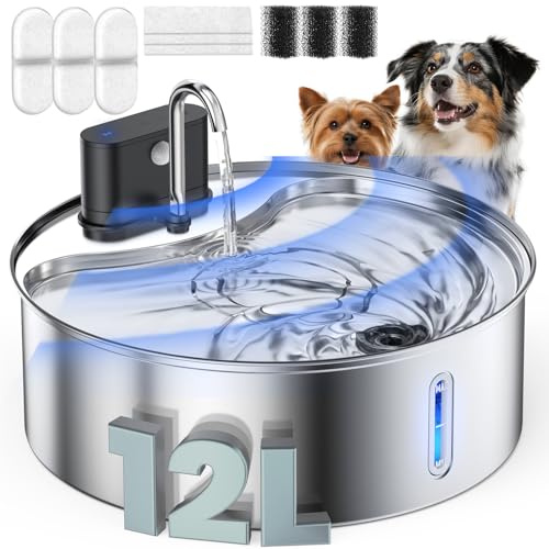 Fontana d'acqua wireless per cani, in acciaio inox, con sensore, 12 l, erogatore automatico senza fili, pompa silenziosa, senza BPA, per bere, facile da pulire per gatti, cani e animali domestici