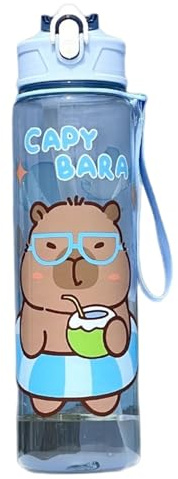 Botella de agua de Capybara 750 ml Botella de agua transparente Kawaii con tazas de bebida a prueba de fugas con mango para mujeres Camping Picnic Travel Travel, azul transparente