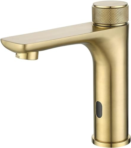 Rubinetto per lavabo da bagno touchless, con sensore automatico, miscelatore per lavabo in oro spazzolato, flusso d'acqua a mani libere, design moderno, facile installazione, ideale per uso domestico