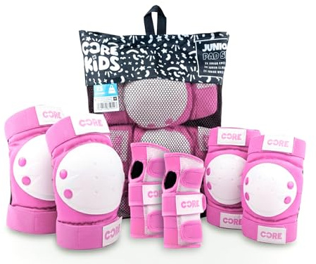 CORE Junior Triple Pad Set Knee Pads Elbow Pads Wrist Guards 6 in 1 Protective Gear Set for Kids Youth Adult for Skateboarding Scooter Cycling BMX Skating Skate - XS (6-10 Years) - Pink