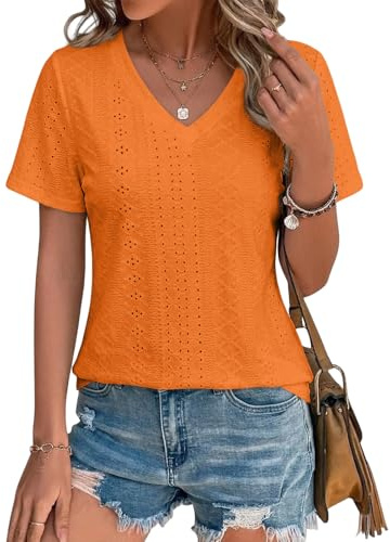 Cuptacc Camiseta Mujer Verano Blusas Mujer Elegante Cuello En V Tops Mangas Cortas Túnica Primavera Trabajo Tshirt Naranja M 38-40