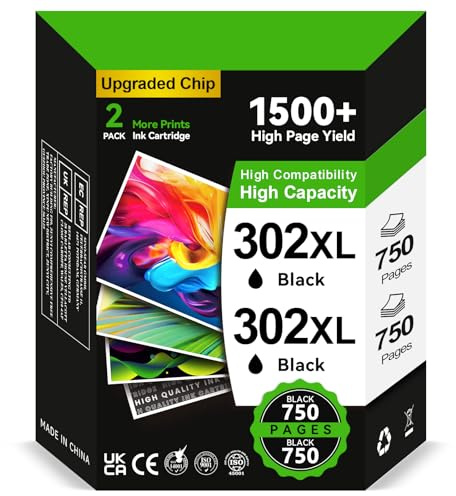 Tinta 302 XL Negro - 2X 750+ Páginas, Reemplazo para Cartuchos HP 302 Negro, Tinta Impresora 302XL Compatible con HP Envy 4520 4527 4524 4523, DeskJet 3630 3636 3639, OfficeJet 4650 3830 3831 3832