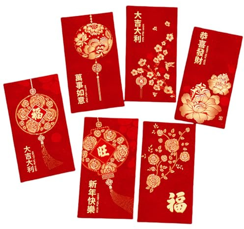 SNUGFX 12PCS Chinese New Year Red Greeting Card, Chinese Traditional Lucky Money Hong Bao Red Pockets for 2026 Horse Spring Festival,Lunar New Year,6 Designs (General JC5919)