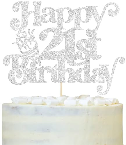 Gyufise 1Pc Happy 21st Birthday Cake Topper Glitter Happy Birthday Cake Pick Cheers to 21 Years for 21st Anniversary Wedding Party Cupcake Decorations Supplies Silver