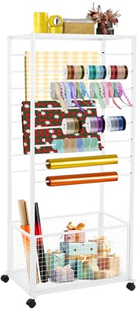 MRFIOJYDR Ribbon Organizer Rack, Double Sided 16-Tier Ribbon Holder Organizer Rack, Flower Wrapping Paper Storage Stand, Scarf Tie Belt Towel Display Shelf Sewing Station Cart (White)