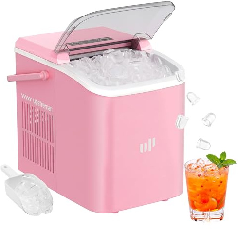 Upstreman Kleine Eiswürfelmaschine mit Selbstreinigung, 12kg / Tag, 9 Würfel in 6-8 Min, 2 Eisgrößen Wählbar, Leise & Tragbar, Ice Cube Maker für Zuhause, Küche, Büro, Bar und Party, BI12-Rosa