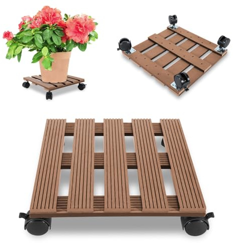 Hebitod Rullo per piante quadrato in WPC, 30 x 30 cm, robusto supporto per piante con ruote, resistente alle intemperie, portata fino a circa 80 kg, per vasi interni ed esterni, colore: marrone