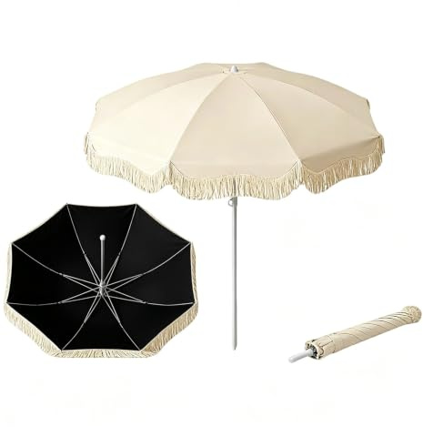 Parasol de Terrasse Boho de 180 cm avec Franges, Parasol de Jardin Extérieur à Hauteur Réglable, UPF 50+ pour Plage, Balcon, Pique-Nique(Beige)