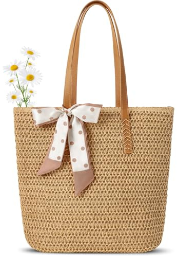 Zosutetoxo 1 Stück Große Strohtasche Basttasche mit Seidentuch, Geflochtene Strandtasche für Sommer