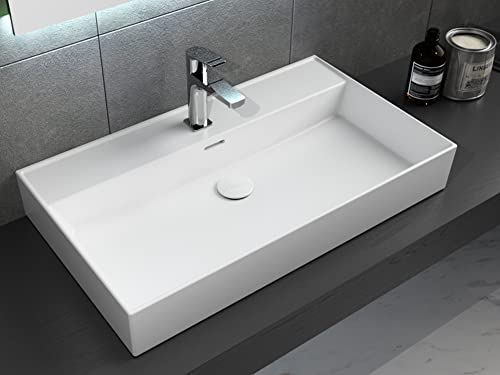 Aqua Bagno Waschbecken 80 cm breit – moderner Waschtisch fürs Badezimmer, rechteckiges Aufsatzwaschbecken aus Keramik mit dünnem Rand zur Wandmontage, pflegeleichtes Bad-Waschbecken