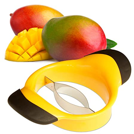 Relaxdays Coupe-Mangue, Lot de 4, diviser & dénoyauter, poignée antidérapante, Lame Acier Inoxydable, trancheuse Fruit, Noir-Jaune
