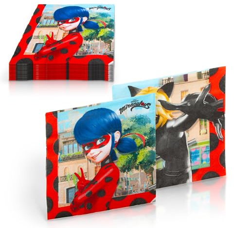 Procos 91346 - Servietten Miraculous, 20 Stück, Größe 33 x 33 cm, Mundtuch, Kindergeburtstag, Partygeschirr, Tischdekoration, Rot/Schwarz