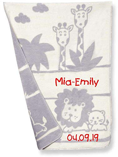 Babydecke mit Namen Datum bestickt Decke 75x100 cm Leo Löwe Giraffe grau Geschenk zur Taufe zur Geburt Kinderdecke Kuscheldecke
