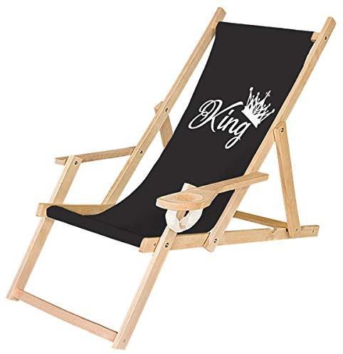 Ferocity Holz-Liegestuhl Klappbar Klappliegestuhl mit Armlehne und Getränkehalter Strandstuhl Motiv Schwarz King [119]