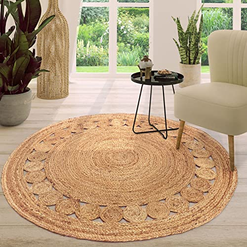 TT Home Jute Teppich Rund Wohnzimmer Esszimmer Boho Modern Handgemacht Mit Umrandung, Farbe: Natur 2, Größe:80 cm Rund
