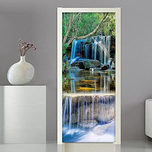 FHKGIUJAD Türtapete Selbstklebend Türposter Tür Aufkleber Für Innentüren 3D Grün Bäume Wasserfall Bewegliche Tür Wasserdicht Wohnzimmer Schlafzimmer Tür Dekoration Aufkleber 95X215Cm