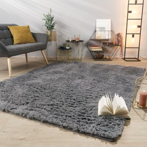 TT Home Teppich Wohnzimmer Hochflor Langflor Weich Soft Modernes Einfarbiges Design, Farbe: Grau, Größe:160x220 cm