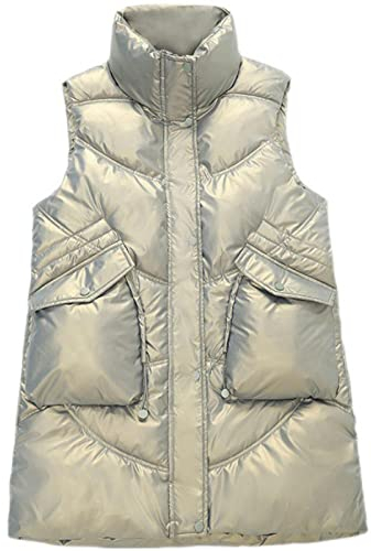 YUNHOME Angelweste Große Größe Weste Warme Weste Winterweste Glänzende Daunen-Baumwollweste Damen Mittellange Baumwollweste, Lockere Weste, Herbst- Und Winterwestenjacke-Champagner_M