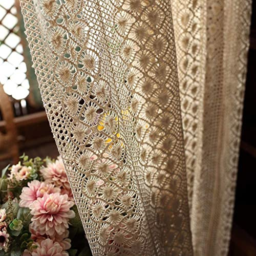 Vintage Boho Curtains for Living Room, Handmade Crochet Curtains Farmhouse Hollow Out Knitting Lace Curtains for Sliding Glass Door Light Filtering Drapes for Bedroom 1 Panel, W59'' x L59''