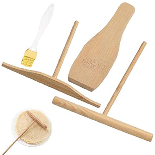 Crepe Spreader and Spatula Kit, T-Shaped Batter Spreaders and Spatula Pancake Tool with Silicone Brush, Natural Wooden Crepes Spreader Set