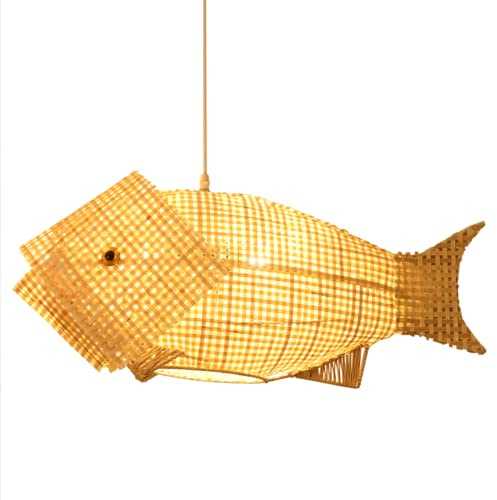 Lampada a sospensione a forma di pesce in bambù intrecciato a mano Lampadario in bambù creativo Lampada da soffitto Lampadario in bambù naturale per camera da letto, soggiorno, sala da tè