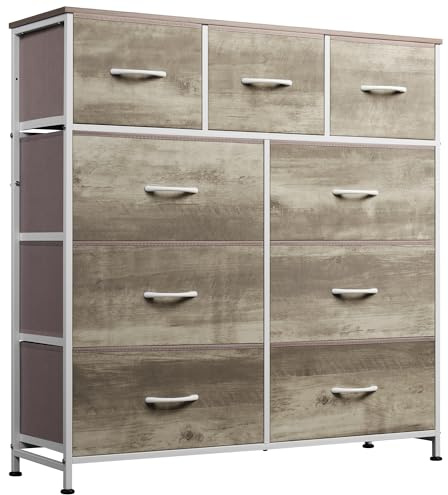 WLIVE 9-Drawer Dresser, Fabric Storage Tower for Bedroom, Hallway, Nursery, Closet, Tall Chest Organizer Unit with Fabric Bins, Steel Frame, Wood Top, Easy Pull Handle, Greige