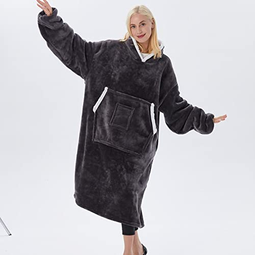 Freyamy Flanell Kuscheldecken mit Ärmel Dunkelgrau 120cm Superlang Übergroße Sherpa Hoodie Sweatshirt Warm Erwachsenendecke Ganzkörperdecke Tragbare Ärmeldecke mit Kapuze Plüsch TV Decke Couchdecke