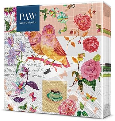 PAW - Servilletas Papel 3 Capas (33 x 33 cm) I 20 Unidades I Servilletas con Diseño de Naturaleza I Decoradas para Cumpleaños, Fiesta, Decoupage I Color: Floral Poetry