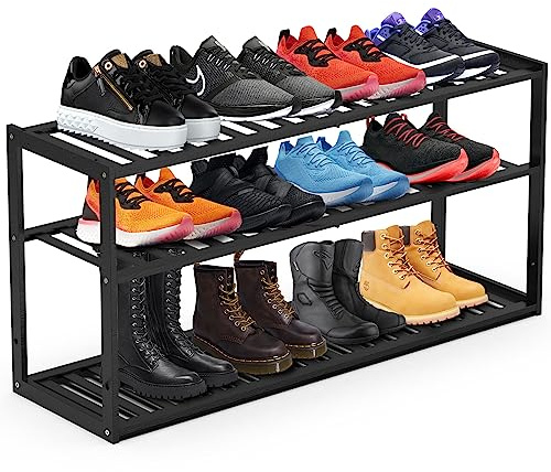 Jripae Bamboo Shoe Rack for Closet, Stackable 3 Tier Longer Shoe Organizer Shelf Holder Storage 12-15 Pairs for Entryway Door Hallway Bedroom Garage Space Saving Foldable Black