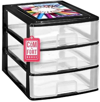 Cajonera Plástico 3 Cajones Transparente Negro - Organizador de Escritorio, Mini Cajonera para Papeles y Material de Oficina, Organizador de Documentos 355 x 265 x 265 mm