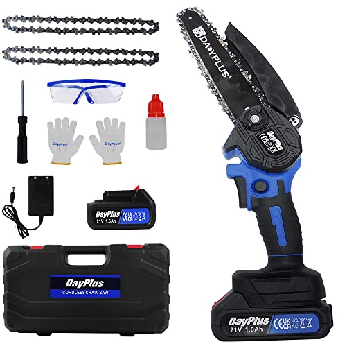 Motosierra eléctrica de 6 pulgadas con batería, portátil, inalámbrica, con 1 batería, 2 cadenas, sin escobillas, motosierra de mano sin escobillas, sierra de motosierra para jardín, tijeras de podar,