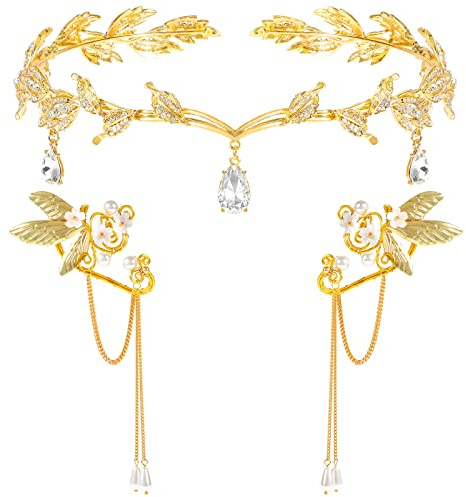 Hifot Elfen Ohrringe Tiara Set für Damen, Elfen Krone Kopfschmuck Fee Pixie Elf Ohren Ohrclips für Elben Cosplay Hochzeit Halloween Karneval Kostüm