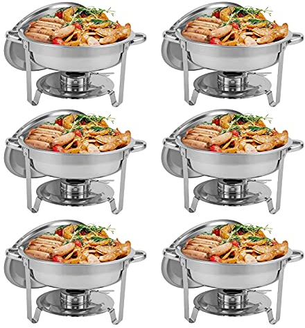 201 Round Chafing Disk Buffet Set i rostfritt stål, 5 Quart Chafing Buffet Catering Warmer Set med matpanna, vattenpanna, lock, ram och bränslehållare (6 förpackningar)