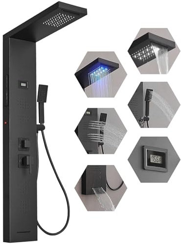BWE LED Shower Panel Tower System Matte Black 5-Function Shower Column with Rainfall Waterfall Shower Head 4 Body Jets with Tub Spout Water Temperature Display Wall Mount