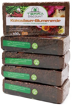 Terra Discount Kokosfaserhumus *Blumenerde* 5X ca.650g (ergibt ca. 45 Liter), Kokoserde als Hochbeeterde und für Pflanzen/Zimmerpflanzen, aus nachwachsenden Rohstoffen, torffrei und ungedüngt
