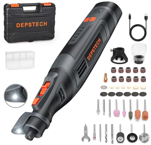 DEPSTECH A1L, 8V Mini Amoladora Inalámbrica, 2.5 Ah Herramienta Rotativa sin Cable, kit Multiherramienta con Luz LED, Velocidad de 5K-30K RPM, 47 Accesorios para Rectificado, Grabado, Pulido y DIY