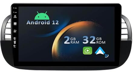YUNTX Android 12 Car Stereo Fit for Fiat 500 (2007-2015)-[Built-in Wireless CarPlay/Android auto/GPS]-Free Camera-9 inch IPS 2.5D Touch screen-DAB/MirrorLink/Bluetooth 5.0/WiFi/USB/4G/SWC