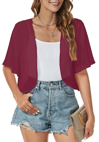 florynova Women Cropped Cardigan Shrug Chiffon Open Front Sheer 3/4 Sleeve Bolero for Evening Dress（Wine Red，M）