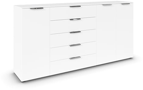 Rauch Möbel Flipp, Kombikommode, Kommode mit Stauraum für Wohnzimmer, Schlafzimmer, Flur, 4 Fachböden, Alpinweiß, 3-türig, 5 Schubkästen, Griffe Chrom, 199x100x42cm