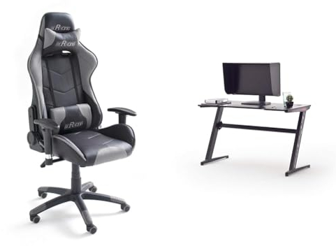 Robas Lund MC Racing Gamingstuhl 6 Schwarz-Grau mit MC Racing Gaming Desk Basic 5