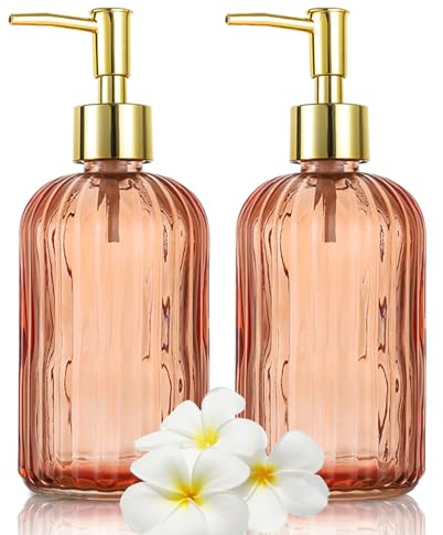 HIYAA Glass Soap, Versatile 14 Oz Dripless Pump Bottle, Refillable Liquid Hand Jar Dispenser for Bathroom, Countertop, Kitchen, Laundry Room (Amber, 2 Pack)
