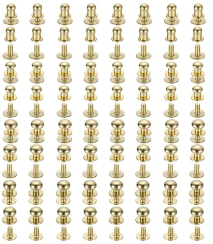 QUARKZMAN Remaches de Cabeza Redonda de 5/6/8/9 mm Con Tornillo de Espalda, Paquete de 64 Remaches de Botón de Cabeza Redonda para Manualidades de Cuero, Dorado Claro