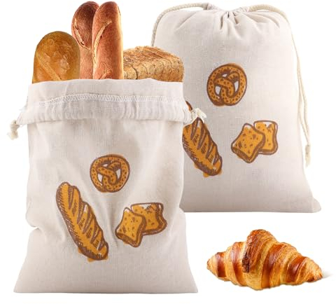 2 Stück Leinen Brotbeutel, Wiederverwendbar Leinenbeutel für Brot, Bread Bag Aufbewahrung Frischhalten, Leinenbeutel Bread Bag mit Kordelzug, Groß Brottüten Leinen, für Brot, Baguette, Obst und Gemüse