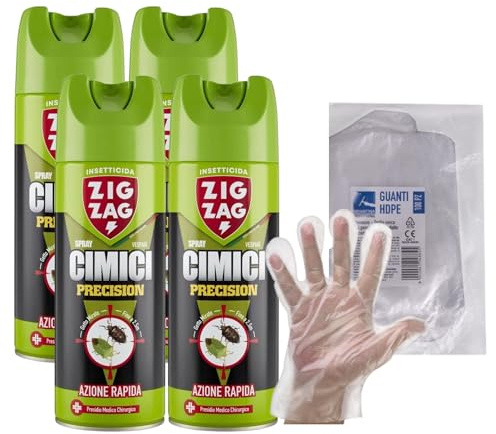 Zig Zag Insetticida Spray Inodore CIMICI. Ideale Contro Le Cimici e i Loro Nidi, Efficacia Fino a 2.5 m, Presidio Medico Chirurgico 300ml + OMAGGIO 100pz Guanti HDPE Monouso (4 Spray+1CF Guanti)