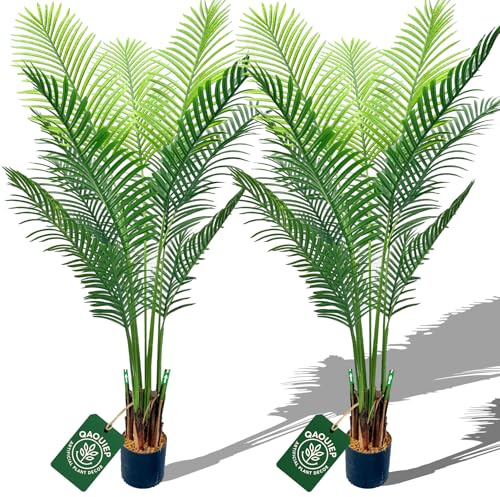 QAOUIEP 6ft Tall Artificial Areca Palm Trees – Set of 2 | 19-Trunk Real Touch Fake Palm with Natural Moss & Pot | Lifelike Faux Plants for Home, Office, or Patio Indoor/Outdoor Decor