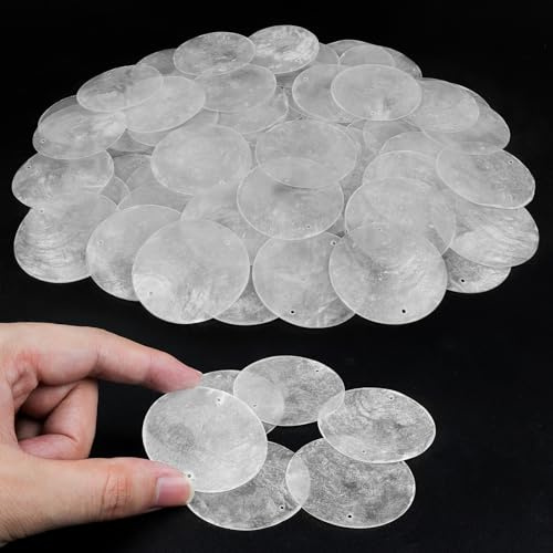 TaoQ C 60 Stück Capiz Muscheln Scheiben Runde Natürliche Muschelscheiben, 5 CM Runde Capiz Muscheln Weiße Perlmuttscheiben mit 2 Löchern für Windspielvorhang aus Muschel Garland DIY Hochzeit Haus Deko